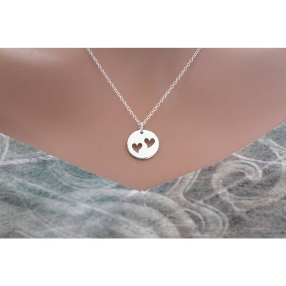 Sterling Silver Disk with Two Heart Cutouts Charm Necklace - Picture 1 of 3